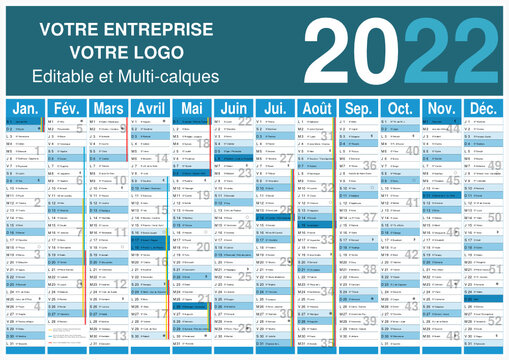 Calendrier 2022 12 mois avec vacances scolaires officielles au format A3 entièrement modifiable via calques et texte arial