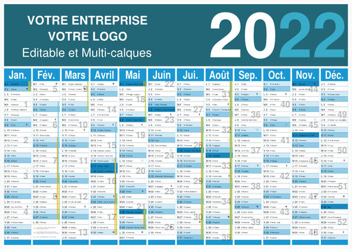 Calendrier 2022 12 mois avec vacances scolaires officielles au format A3 entièrement modifiable via calques et texte arial