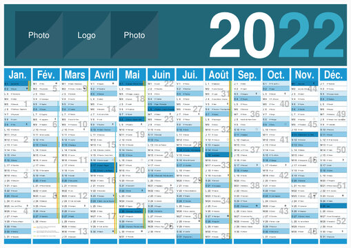 Calendrier 2022 12 mois avec vacances scolaires officielles au format A3 entièrement modifiable via calques et texte arial