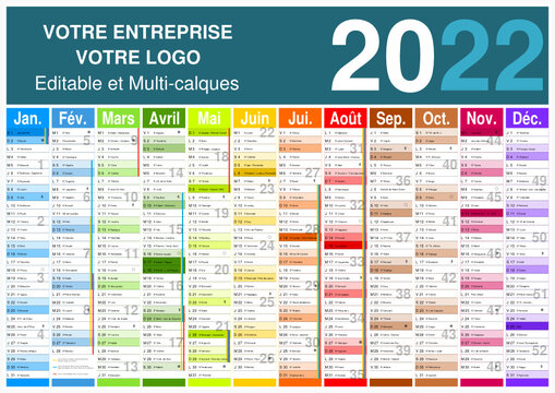 Calendrier 2022 12 mois avec vacances scolaires officielles au format A3 entièrement modifiable via calques et texte arial
