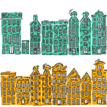 Pattern With Old Vintage European Houses. Hand Drawn Sketch In Doodle Style. Vector Image, Clipart, Editable Details. Fairytale Houses For Stickers Or Children Books.