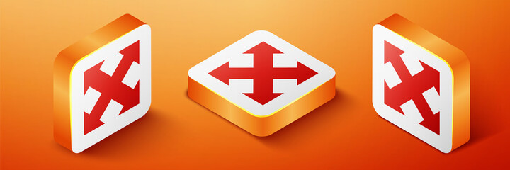 Fototapete - Isometric Arrows in four directions icon isolated on orange background. Orange square button. Vector.