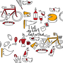 Doodle Pattern With Cheese, Wine, Klomps And Other Other Tourist Stuff. Hand Drawn Pattern In Doodle Style. Vector Image, Clipart, Editable Details.