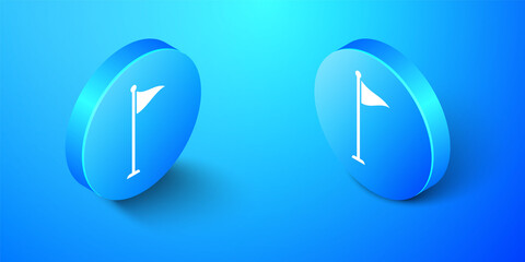 Poster - Isometric Golf flag icon isolated on blue background. Golf equipment or accessory. Blue circle button. Vector.