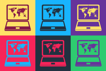 Fototapete - Pop art Laptop with world map on screen icon isolated on color background. World map geography symbol. Vector.