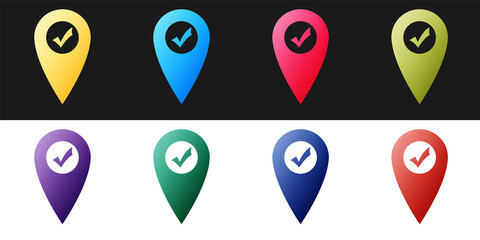 Fototapete - Set Map pointer with check mark icon isolated on black and white background. Marker location sign. Tick symbol. For location maps. Sign for navigation. Vector.