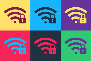 Wall Mural - Pop art Wifi locked icon isolated on color background. Password Wi-fi symbol. Wireless Network icon. Wifi zone. Vector.