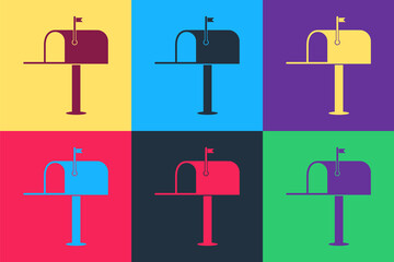 Poster - Pop art Open mail box icon isolated on color background. Mailbox icon. Mail postbox on pole with flag. Vector.