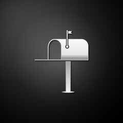 Poster - Silver Open mail box icon isolated on black background. Mailbox icon. Mail postbox on pole with flag. Long shadow style. Vector.