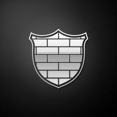 Poster - Silver Shield with cyber security brick wall icon isolated on black background. Data protection symbol. Firewall logo. Network protection. Long shadow style. Vector.