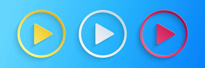 Poster - paper cut play icon isolated on blue background. paper art style. vector.