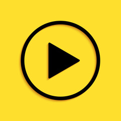 Poster - Black Play icon isolated on yellow background. Long shadow style. Vector.