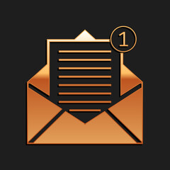 Poster - Gold Received message concept. Envelope icon isolated on black background. New, email incoming message, sms. Mail delivery service. Long shadow style. Vector.