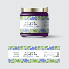 Wall Mural - Bilberry jam label and packaging. Jar with cap with label. White strip with text and on seamless pattern with fruits, flowers and leaves.