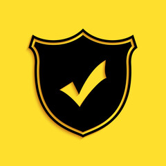 Poster - Black Shield with check mark icon isolated on yellow background. Protection symbol. Security check Icon. Tick mark approved icon. Long shadow style. Vector.