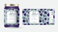 Label And Packaging Of Bramble Marmalade. Jar With Label. Text In Frame With Stamp (sugar Free) On Seamless Pattern With Berries, Flowers And Leaves.