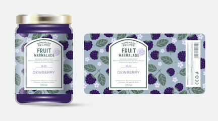 Wall Mural - Label and packaging of bramble marmalade. Jar with label. Text in frame with stamp (sugar free) on seamless pattern with berries, flowers and leaves.