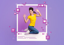 Collage With Asian Woman Jumping Inside Photo Frame And Social Media Icons On Violet Studio Background