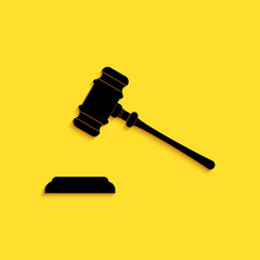 Wall Mural - Black Judge gavel icon isolated on yellow background. Gavel for adjudication of sentences and bills, court, justice, with a stand. Auction hammer. Long shadow style. Vector.