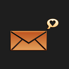 Fototapete - Gold Envelope with Valentine heart icon isolated on black background. Message love. Letter love and romance. Long shadow style. Vector.
