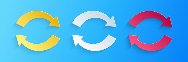 Poster - paper cut refresh icon isolated on blue background. reload symbol. rotation arrows in a circle sign.