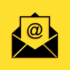 Poster - Black Mail and e-mail icon isolated on yellow background. Envelope symbol e-mail. Email message sign. Long shadow style. Vector.