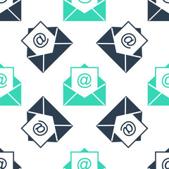 Poster - Green Mail and e-mail icon isolated seamless pattern on white background. Envelope symbol e-mail. Email message sign. Vector.
