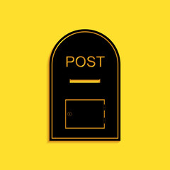 Poster - Black Mail box icon. Post box icon isolated on yellow background. Long shadow style. Vector.