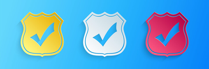 Poster - Paper cut Shield with check mark icon isolated on blue background. Protection, safety, security, protect, defense concept. Tick mark approved icon. Paper art style. Vector.