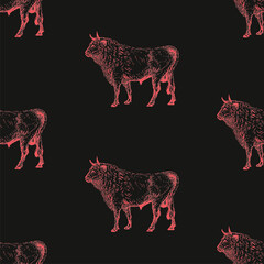 Poster - Seamless pattern with hand drawn bulls in vintage style