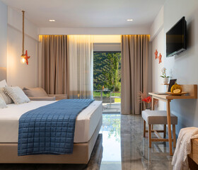 Side view of modern interior blue and white bedroom hotel apartment with open window to summer garden view terrace