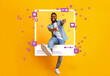 Leinwandbild Motiv African American guy dancing and jumping out of photo frame on yellow background, collage with social media reactions