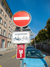 Road Sign For "Stop" In Switzerland. Translation: "except"