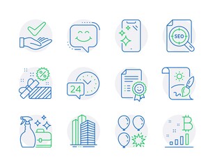 Business icons set. Included icon as Cleanser spray, Creative painting, Smile signs. Sale, Smartphone clean, Balloon dart symbols. Skyscraper buildings, 24h service, Seo file. Smile chat. Vector