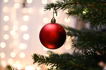 christmas toys on the christmas tree , close up. holidays concept. merry christmas