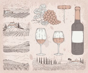 Wine manufacturing set with vineyards, engraved vector illustration isolated.