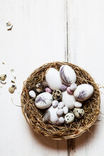 Birds Nest Filled With Quail And Easter Eggs