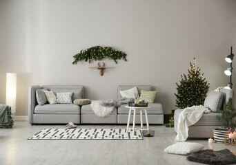 Sticker - Stylish living room with Christmas decorations. Interior design