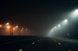 © DedMityay - Empty illuminated by city lamps foggy road at night in misty weather.