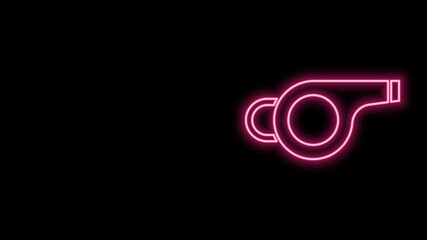 Fototapete - Glowing neon line Whistle icon isolated on black background. Referee symbol. Fitness and sport sign. 4K Video motion graphic animation