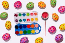 Watercolor Paints And Colorful Spotted Easter Eggs