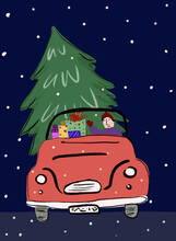 Clip Art Of Man Transporting Christmas Tree And Presents In Car At Snowy Night