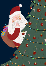 Clip Art Of Santa Claus Hiding Behind Christmas Tree