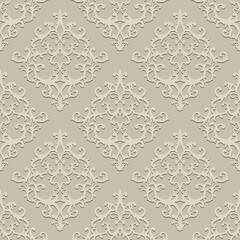 Wall Mural - Seamless baroque style damask ornamental pattern. Paper cut art craft beige texture