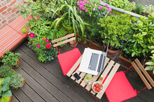 Laptop Lying On Balcony Table Surrounded By Various Summer Herbs And Flowers