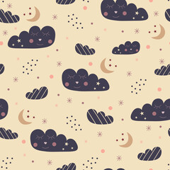 Seamless pattern of cute blue sleepy clouds, moons and stars on a cream background