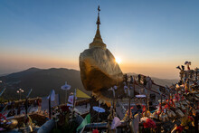 Myanmar, Mon State, Kyaiktiyo Pagoda, Golden Rock At Sunset
