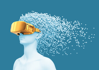 Wall Mural - Young Woman Wearing Gold VR Glasses And 3D Pixels As Hair