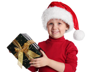 Wall Mural - Cute child in Santa hat with Christmas gift on white background