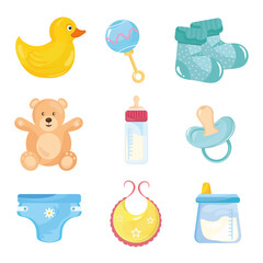 Wall Mural - bundle of nine baby shower set icons vector illustration design